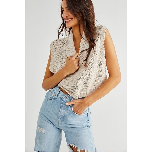 Free People Winding Road Tank Vest Chunky Knit Tan Pullover Preppy Casual L - Picture 3 of 14